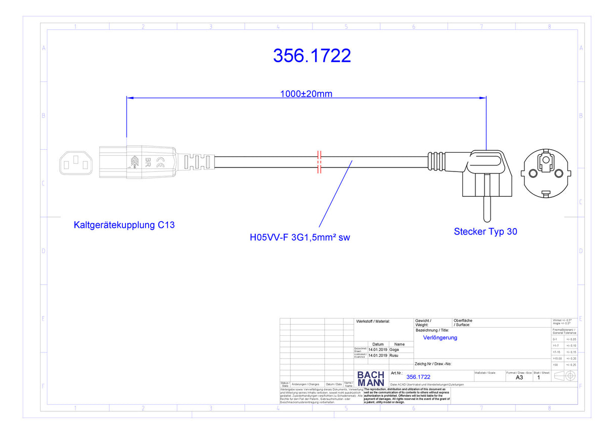 BACHMANN Netzanschlussleitung 1m 10A sw 356.1722 3x1,5qmm IP20 PVC