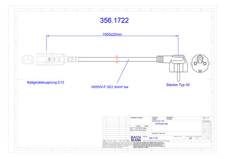 BACHMANN Netzanschlussleitung 1m 10A sw 356.1722 3x1,5qmm IP20 PVC