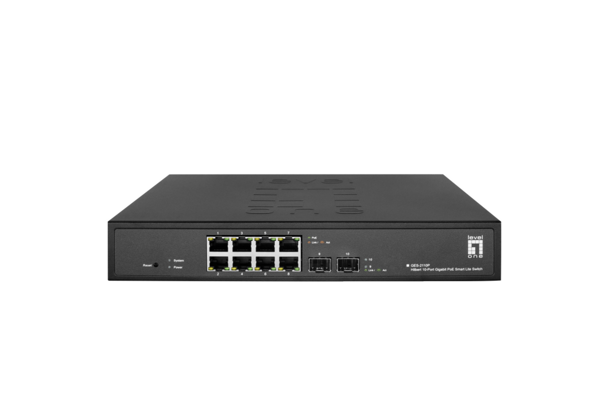 Hilbert 10-Port Gigabit PoE Smart Lite Switch 8PoE Ausgänge 2 x Gigab. SFP 802.3at/af PoE-Budget Stück