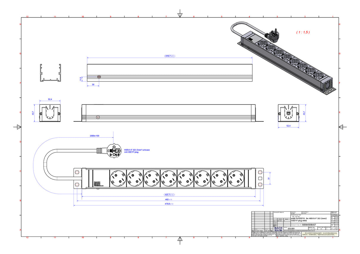 BACHMANN Steckdosenleiste 19 1HE 230V 333.001 8Steckd