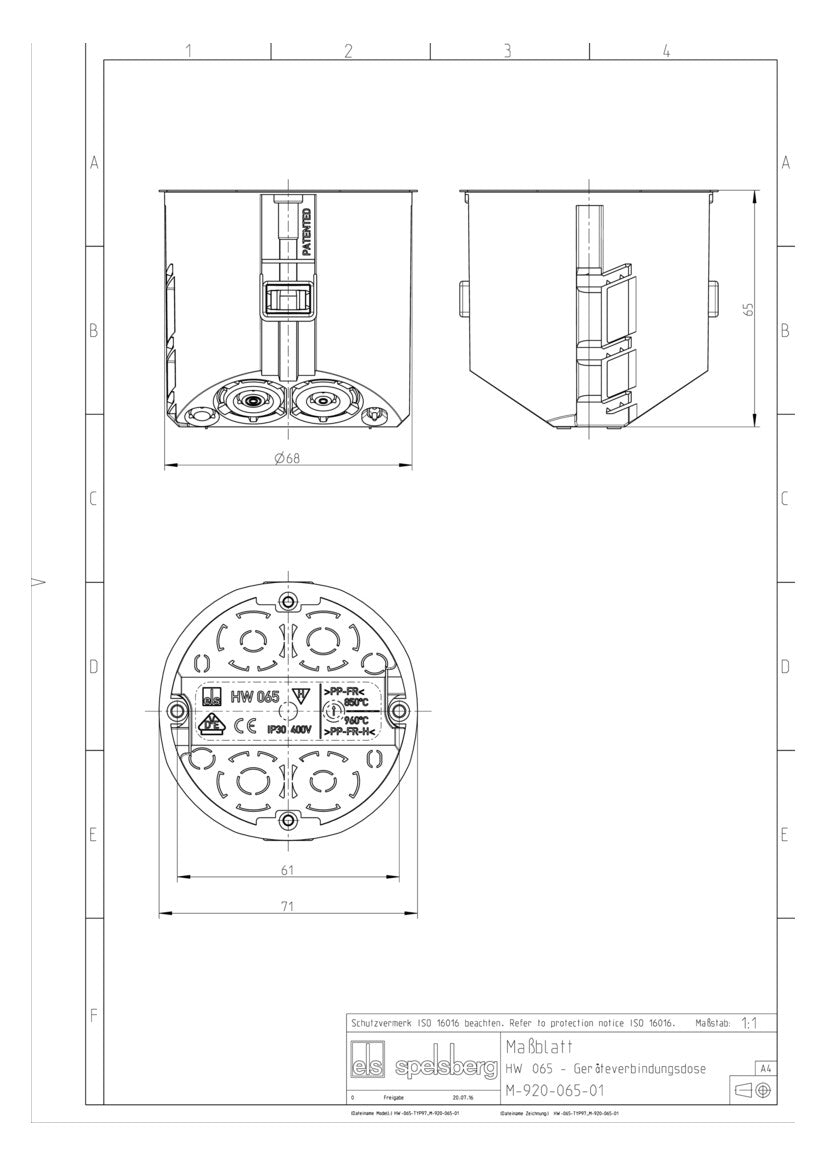SPELSBERG Hohlwanddose  68x65mm Kst IP30 HW 065 rnd Ausbrechöffnung