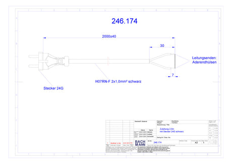 BACHMANN Netzanschlussleitung 2m 2x1qmm 246.174 10A sw IP20 Aderendh KontSteck