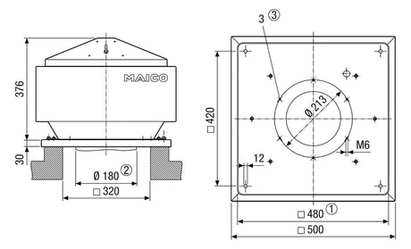MAICO Dachventilator  180mm 230V 167W MDR 18 EC 632cbm/h -25-60°C Stahlbl