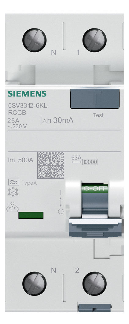 SIEMENS FI-Schutzschalter A 2p 230V 25A 5SV3312-6KL 0,03A 2TE REG 10kA 1kA/stoß