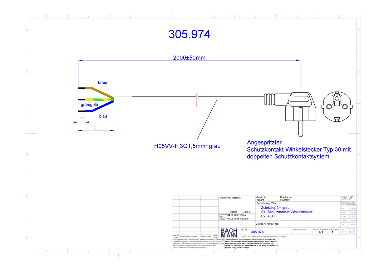 BACHMANN Netzanschlussleitung 2m 16A gr 305.974 3x1,5qmm IP20 Aderendh 0-70°C