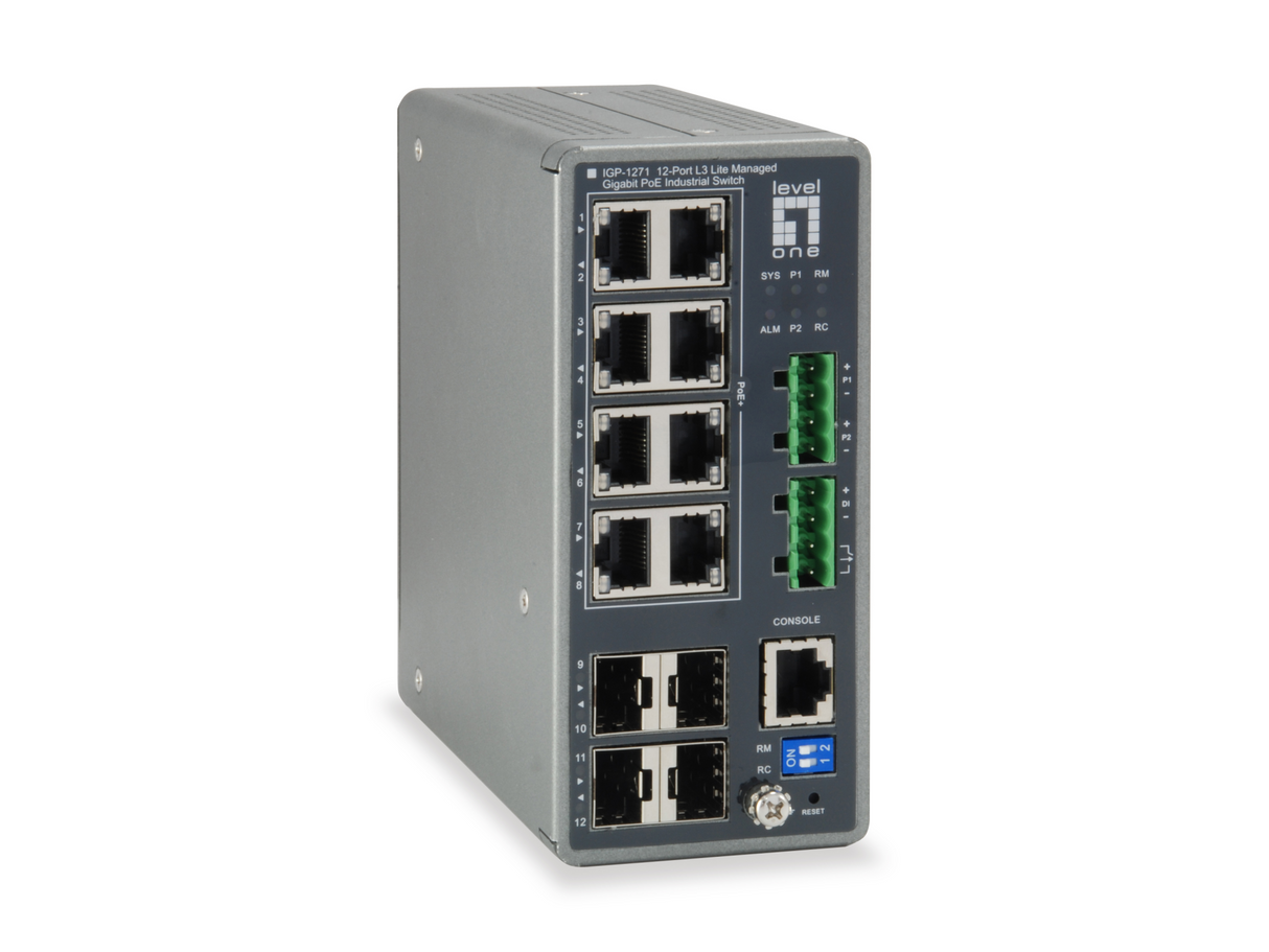12-Port L3 Lite Managed Gigabit PoE Ind. Switch 8 PoE Outputs,240W, 4x SFP - IGP-1271