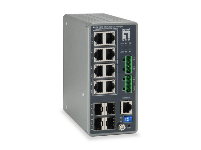 12-Port L3 Lite Managed Gigabit PoE Ind. Switch 8 PoE Outputs,240W, 4x SFP - IGP-1271