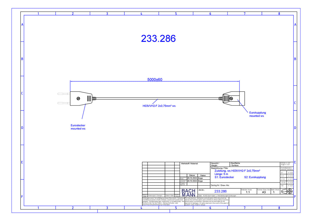 BACHMANN EURO-Verlängerung 5m 2x0,75qmm 233.286 2,5A ws IP20 Euro-Steck 0-70°C