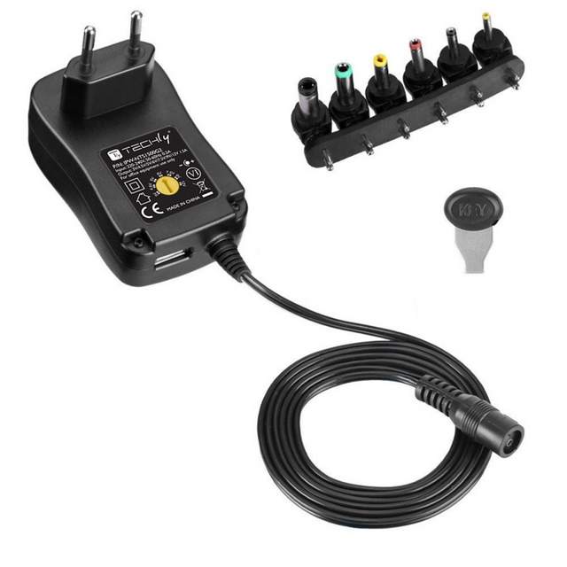 Einstellbares Universalnetzteil 18W AC/DC 3V-12V 1 mit 6 DC-Steckern 1A USB-Anschluss Stück