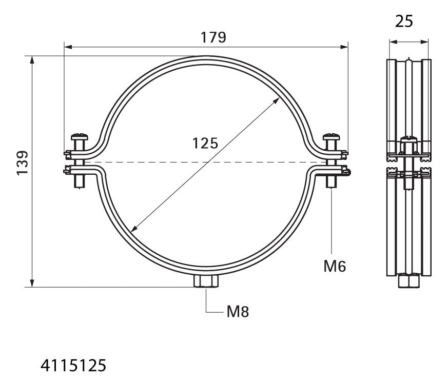 WALRAVEN Lüftungsschelle Aero sv 125 mm M8 fixierte Schallschutzeinlage TPE
