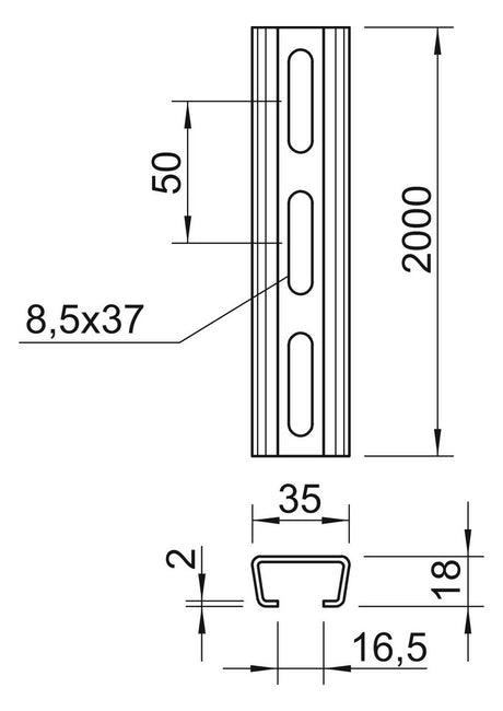 BETTERMANN C-Profilschiene ST 16,5mm AMS3518P2000FT 2000x35x18mm D2mm