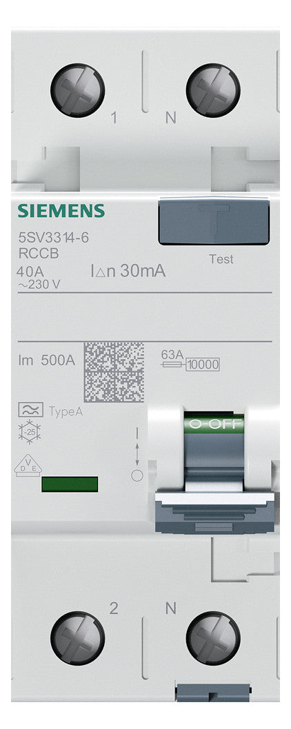 SIEMENS FI-Schutzschalter A 2p 230V 40A 5SV3314-6 0,03A 2TE REG 10kA 1kA/stoß