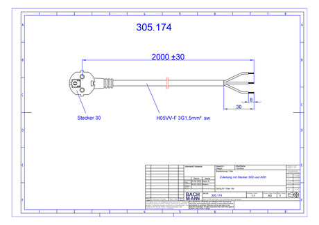 BACHMANN Netzanschlussleitung 2m 16A sw 305.174 3x1,5qmm IP20 Aderendh 0-70°C