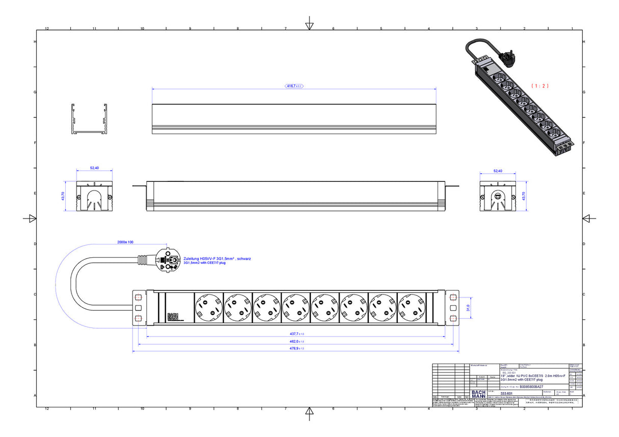 BACHMANN Steckdosenleiste 19 1HE 230V 333.601 8Steckd