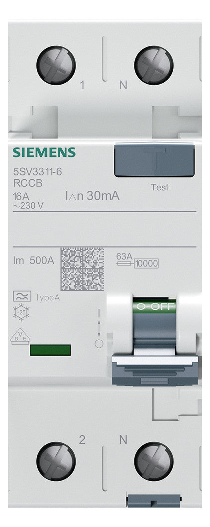 SIEMENS FI-Schutzschalter A 2p 230V 16A 5SV3311-6 0,03A 2TE REG 10kA 1kA/stoß
