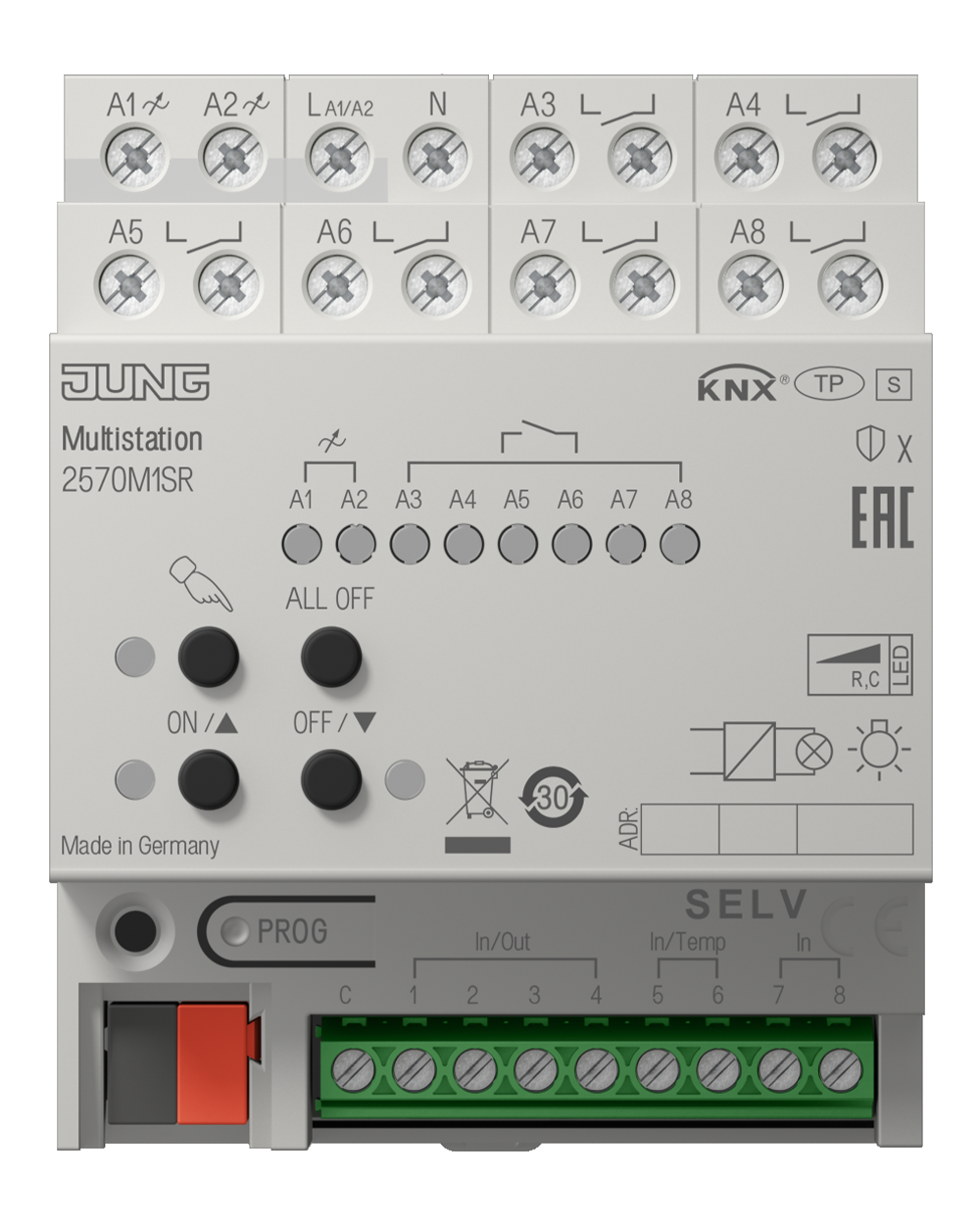 JUNG Schaltaktor KNX C-Last REG 4TE 8f 2570 M1SR 16A 3680W 110-230V Handbedien