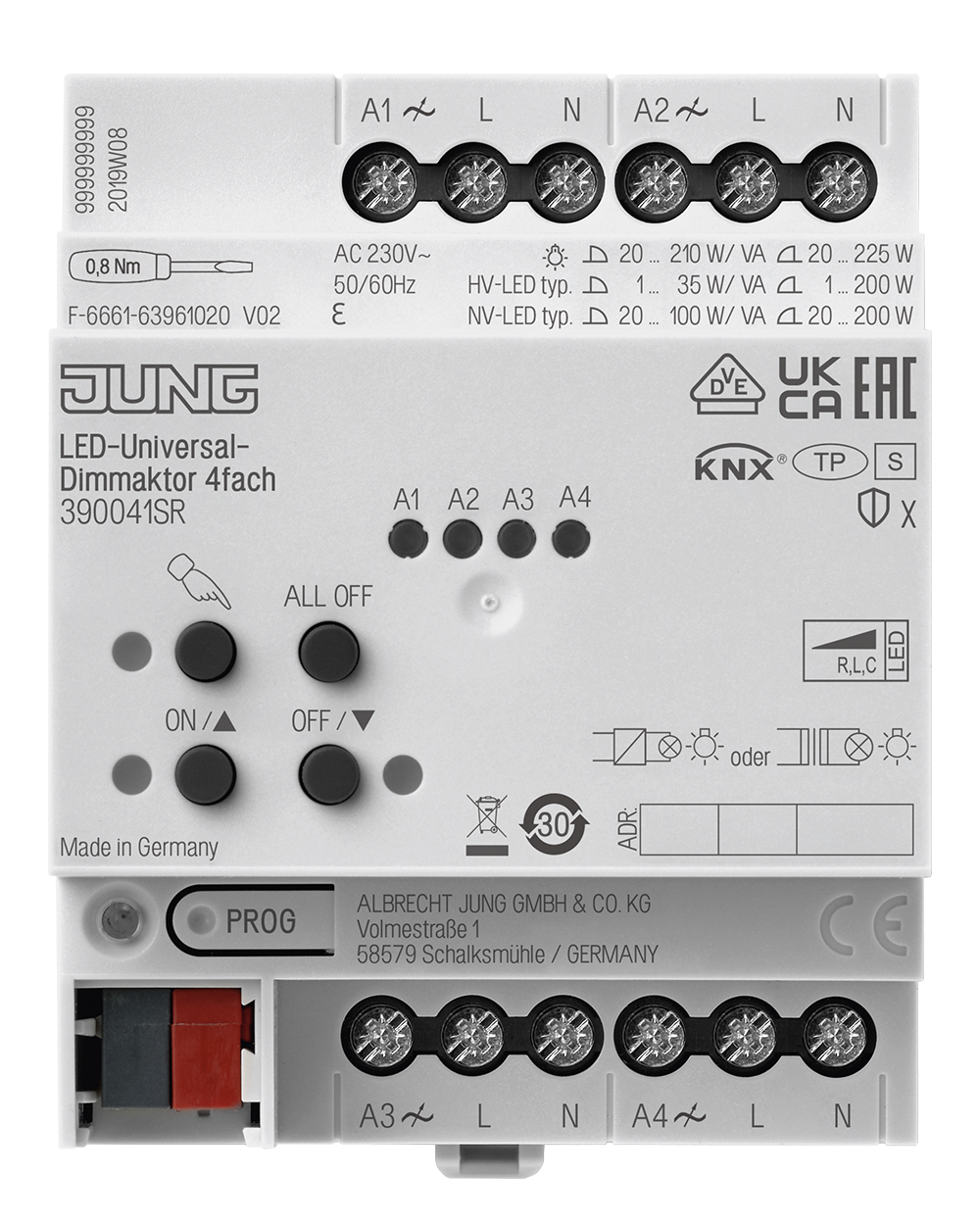 JUNG Dimmaktor KNX 0-225W REG 4TE 4Ausg 39004 1S R Handbedien