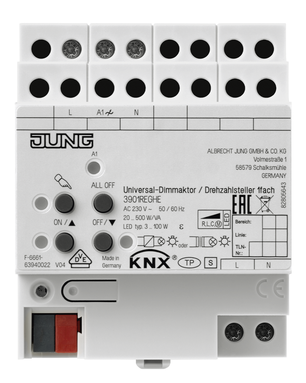 JUNG Dimmaktor KNX 20-500W REG 4TE uni 3901 REGHE Handbedien 1Ausg