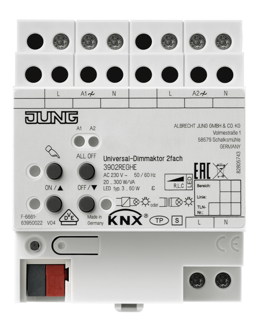 JUNG Dimmaktor KNX 20-300W REG 4TE uni 3902 REGHE Handbedien 2Ausg