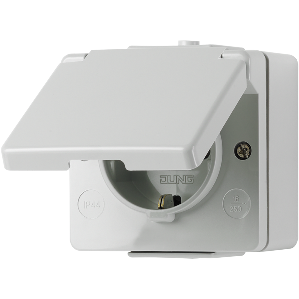 JUNG Steckdose 1f gr glz AP Klappd IP44 WG 600 620 W vert