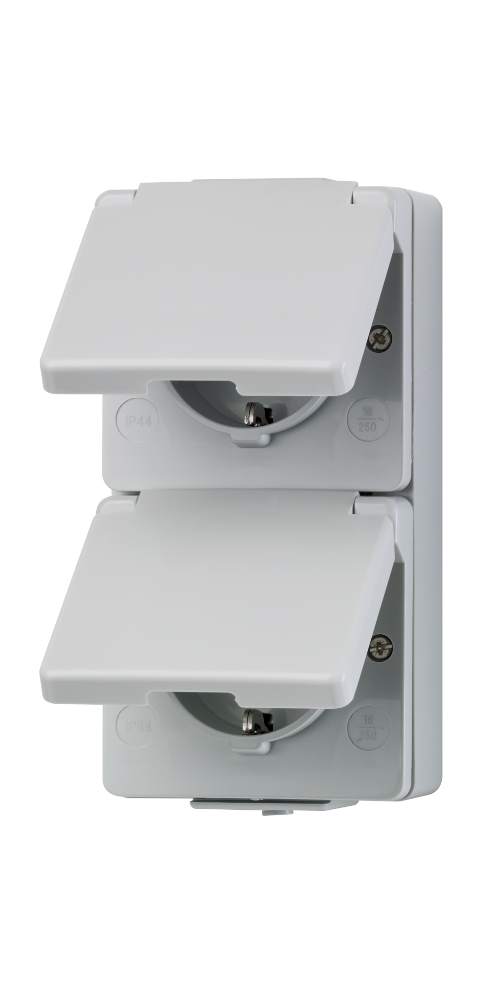 JUNG Steckdose 2f gr glz AP Klappd IP44 WG 600 622 W vert