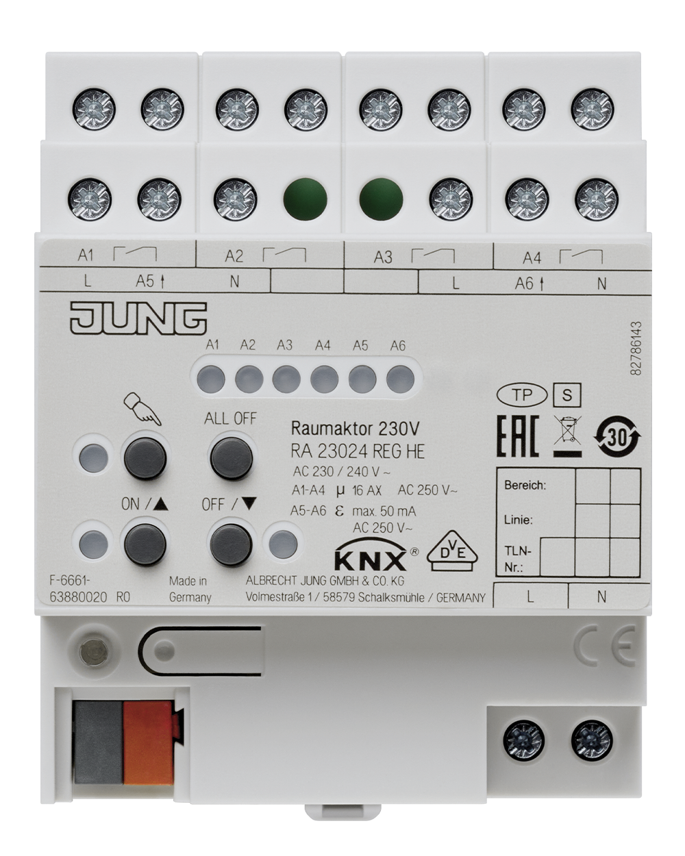 JUNG Schaltaktor KNX C-Last REG 4TE 6f RA 23024 REGHE 16A 3000W 21-32V