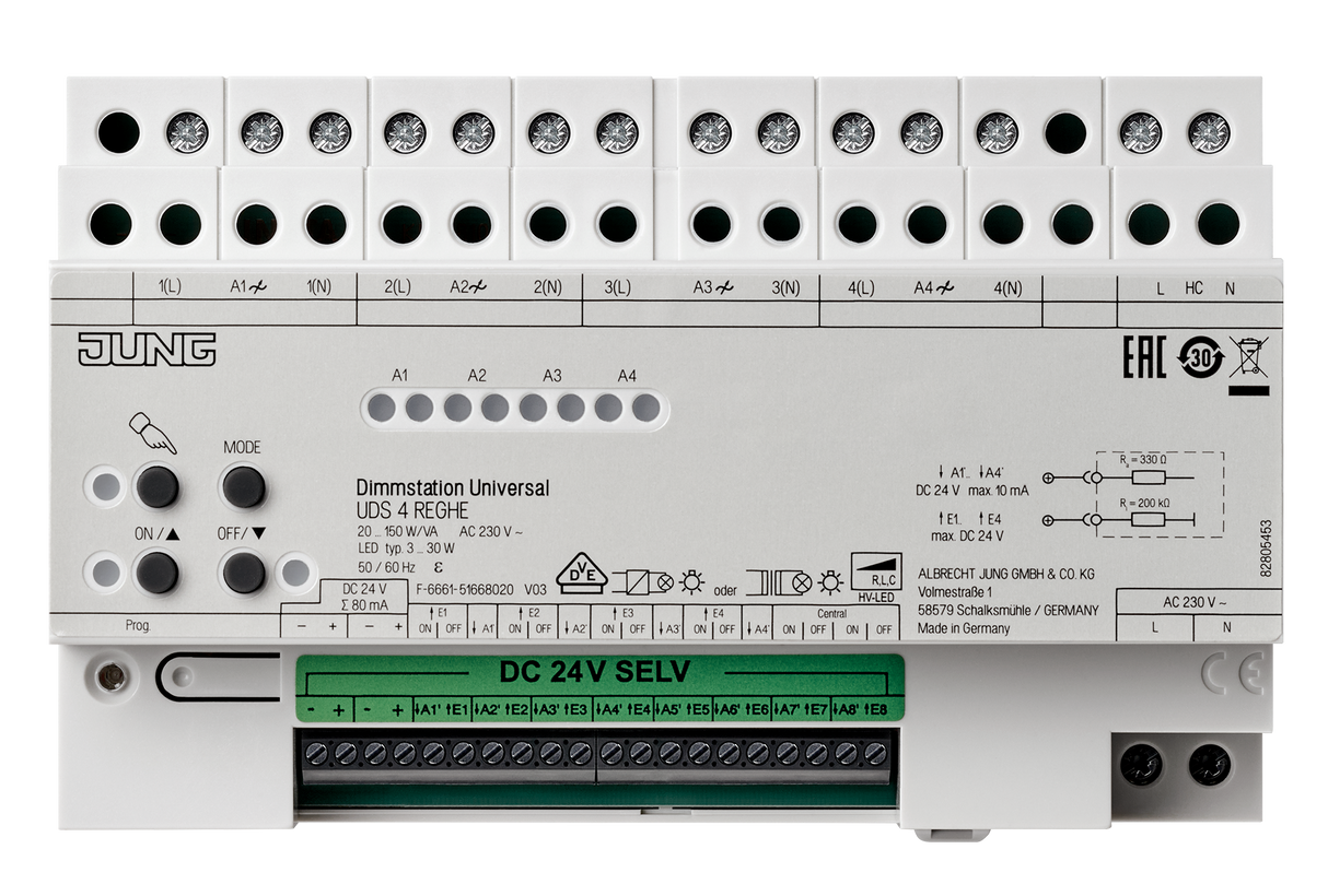 JUNG Steuerbaustein 20-150W REG 8TE uni NaV UDS 4 REGHE Handbedien 4Ausg