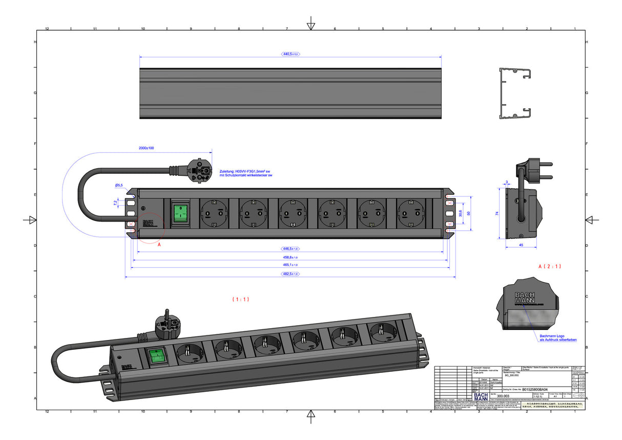 BACHMANN Steckdosenleiste 6f gr 2m 90° 300.003 m.Ein/Aus IP20 1,5qmm