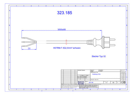 BACHMANN Netzanschlussleitung 3m 16A sw 323.185 3x2,5qmm IP20 Aderendh 0-70°C