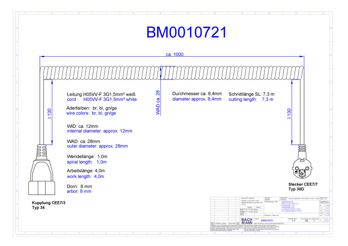 BACHMANN Spiralleitung 1m 3x1,5qmm 16A BM0010721 ws CEE7/4(Typ F) PVC
