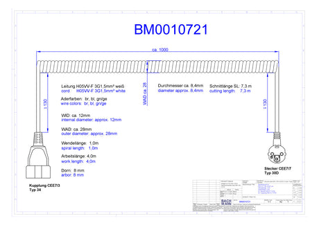 BACHMANN Spiralleitung 1m 3x1,5qmm 16A BM0010721 ws CEE7/4(Typ F) PVC