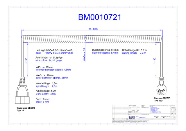 BACHMANN Spiralleitung 1m 3x1,5qmm 16A BM0010721 ws CEE7/4(Typ F) PVC