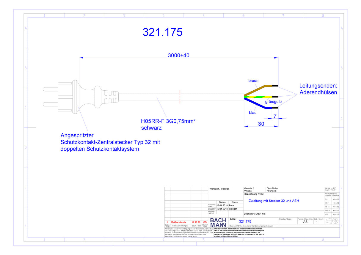 BACHMANN Netzanschlussleitung 3m 16A sw 321.175 3x0,75qmm IP20 Aderendh 0-70°C