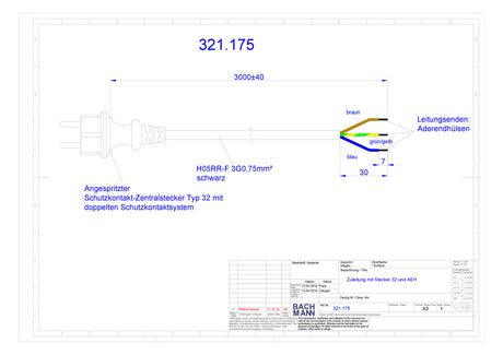 BACHMANN Netzanschlussleitung 3m 16A sw 321.175 3x0,75qmm IP20 Aderendh 0-70°C