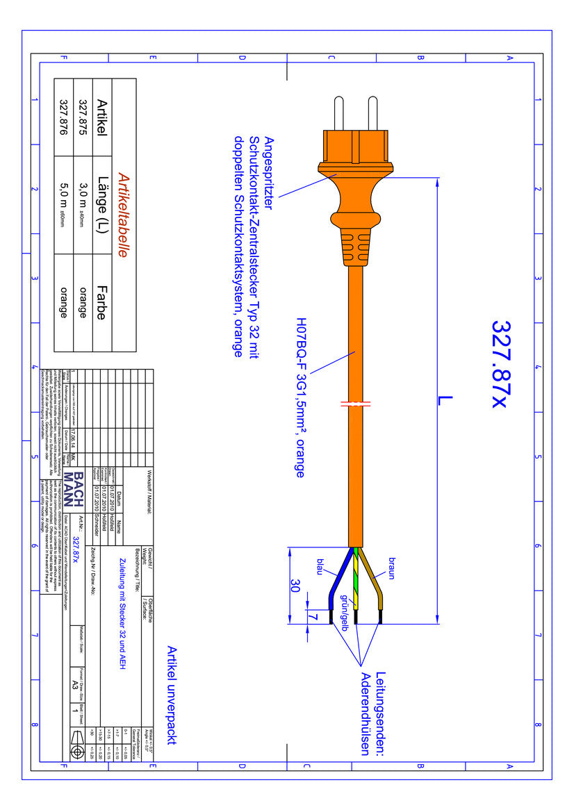 BACHMANN Netzanschlussleitung 5m 16A or 327.876 3x1,5qmm IP20 Aderendh 0-70°C