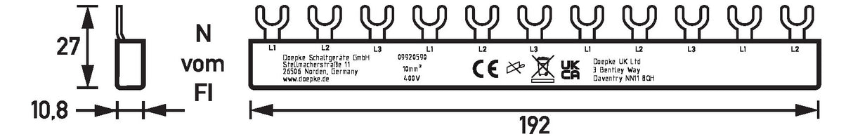 DOEPKE Phasenschiene 3ph 17,5mm 195mm EV-S G 3.11.120E 10qmm 63A Gabel isol