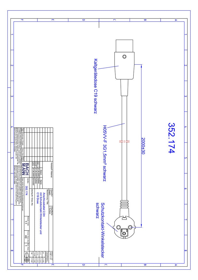 BACHMANN Netzanschlussleitung 2m 16A sw 352.174 3x1,5qmm IP20 0-70°C PVC