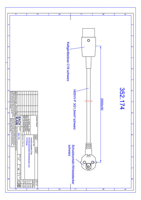BACHMANN Netzanschlussleitung 2m 16A sw 352.174 3x1,5qmm IP20 0-70°C PVC