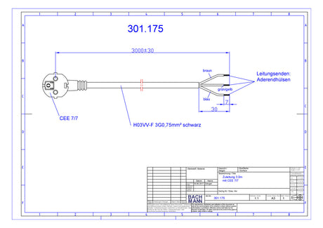 BACHMANN Netzanschlussleitung 3m 16A sw 301.175 3x0,75qmm IP20 Aderendh 0-70°C