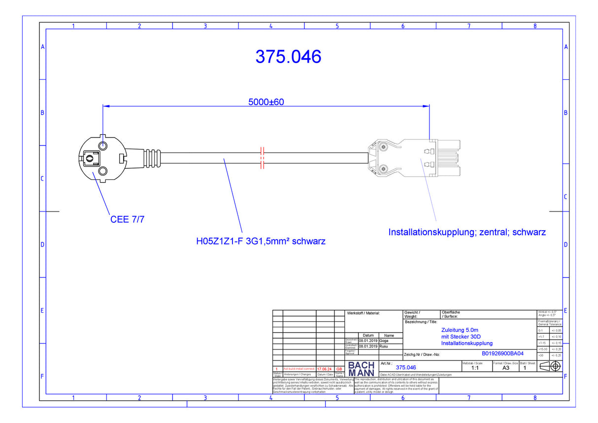 BACHMANN Geräteanschlussleitung 3p sw 375.046 S05Z1Z1-F 1,5qmm L5000mm