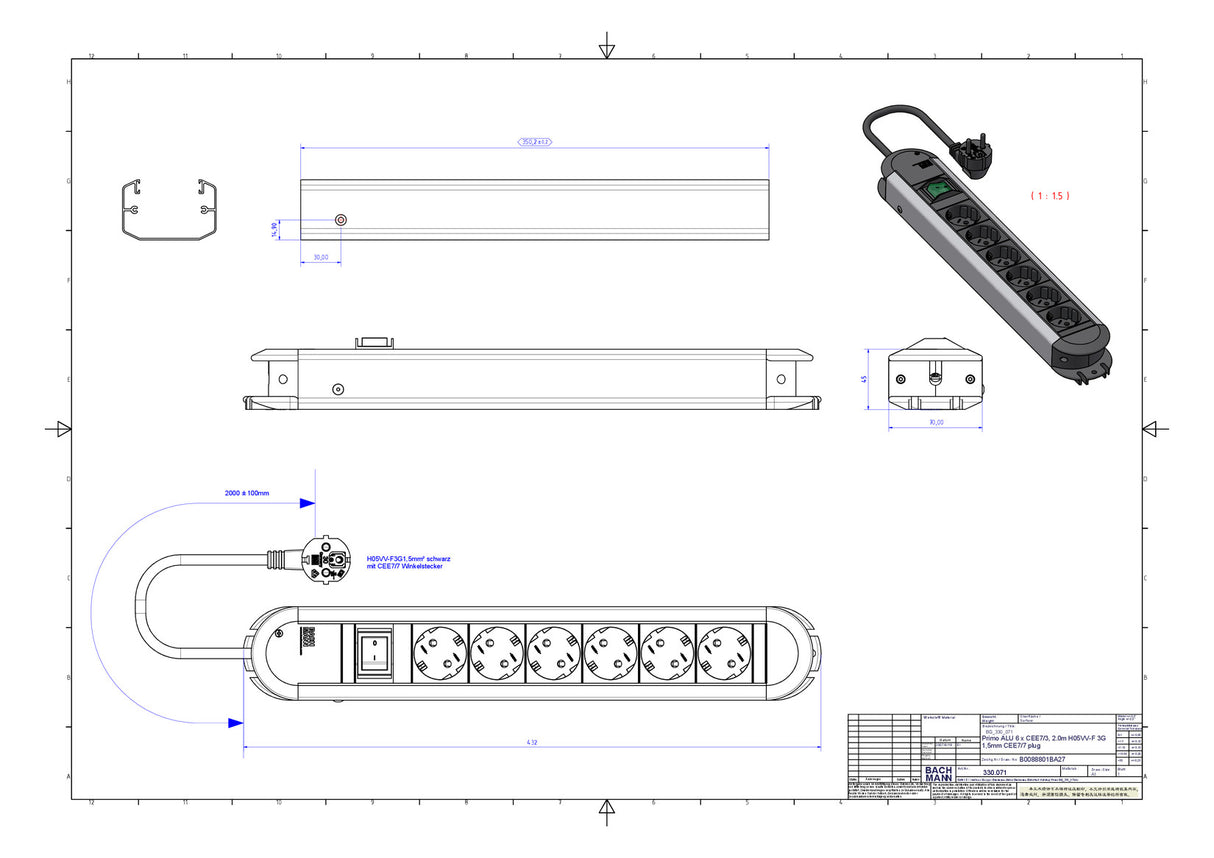 BACHMANN Steckdosenleiste 6f sw 2m 35° PRIMO 330.071 m.Ein/Aus IP20 1,5qmm