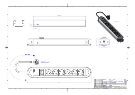 BACHMANN Steckdosenleiste 6f sw 2m 35° PRIMO 330.071 m.Ein/Aus IP20 1,5qmm