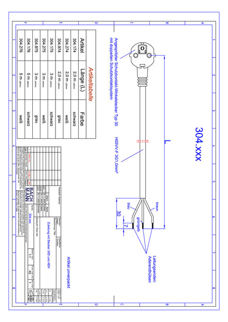 BACHMANN Netzanschlussleitung 2m 3x1qmm 304.274 16A ws IP20 Aderendh 0-70°C PVC