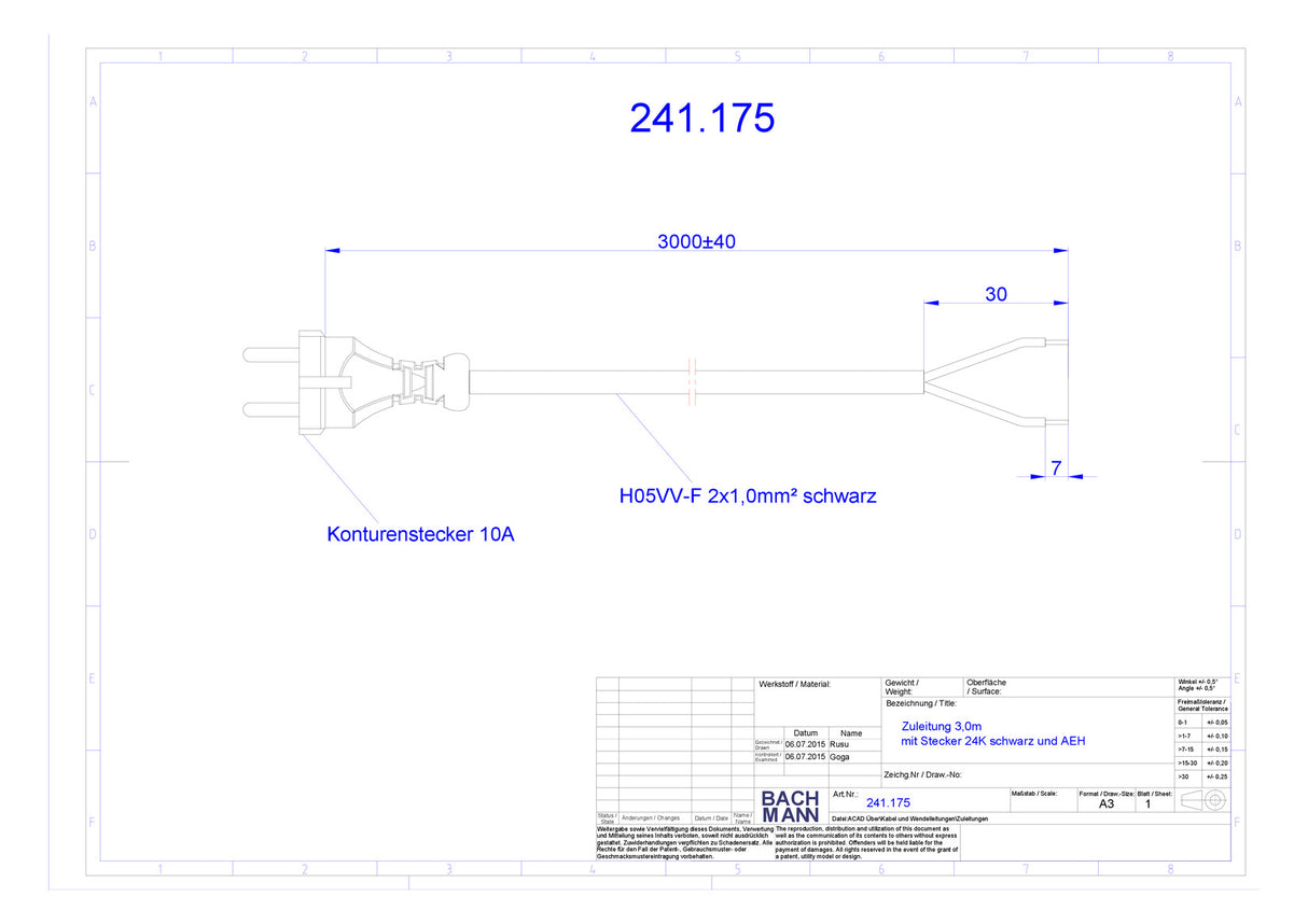 BACHMANN Netzanschlussleitung 3m 2x1qmm 241.175 10A sw IP20 Profilstecker PVC