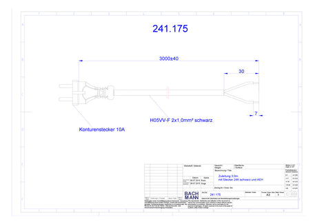 BACHMANN Netzanschlussleitung 3m 2x1qmm 241.175 10A sw IP20 Profilstecker PVC