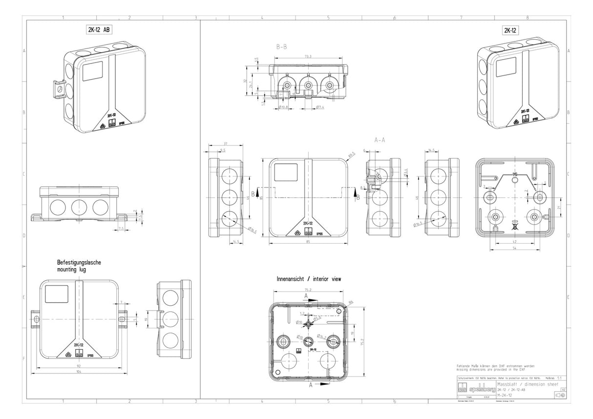 SPELSBERG Abzweigdose IP55 2,5qmm Kst 2K-12-L 85x85x37mm quadrat Wand/Decke