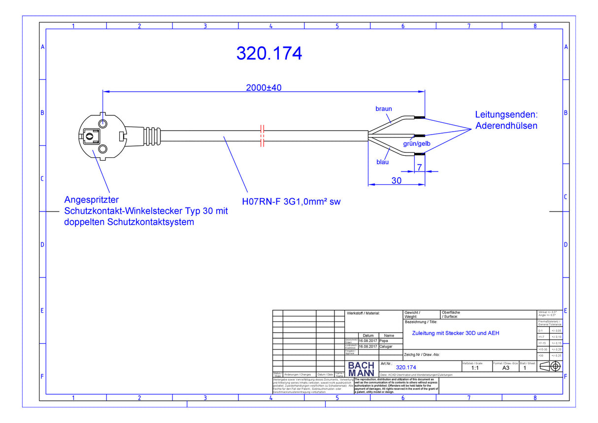 BACHMANN Netzanschlussleitung 2m 3x1qmm 320.174 16A sw IP20 Aderendh 0-70°C