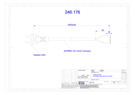 BACHMANN Netzanschlussleitung 5m 2x1qmm 246.176 10A sw IP20 Aderendh KontSteck