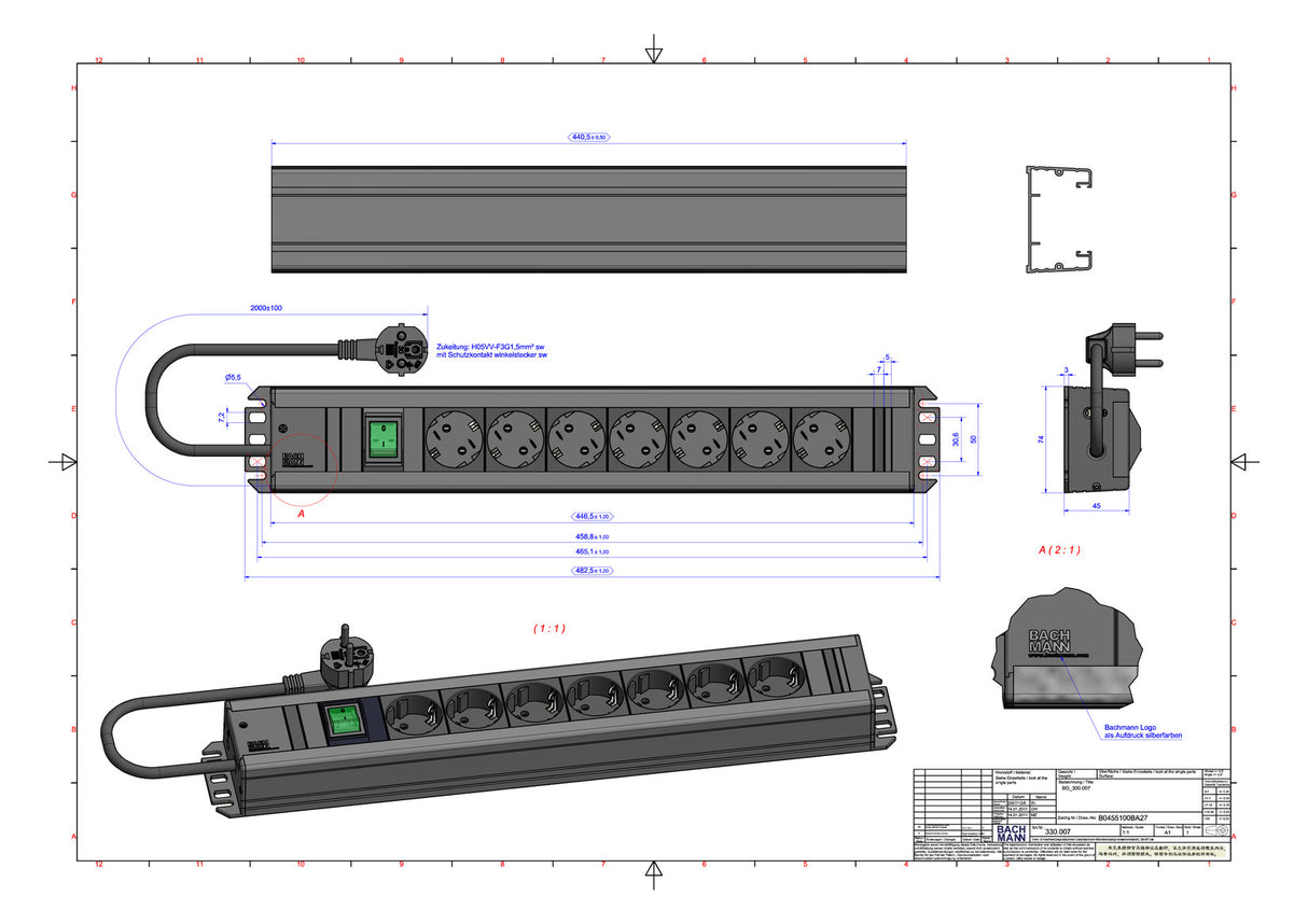BACHMANN Steckdosenleiste 7f sw 2m 35° 300.007 m.Ein/Aus IP20 1,5qmm