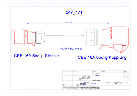 BACHMANN CEE-Verlängerung 10m 5x2,5qmm 347.171 16A sw IP44 CEE-Steck CEE-Kuppl